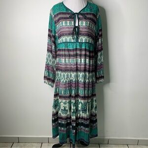 RAGA Women's Green Purple Bohemian Maxi Floral Cotton Dress Size Medium